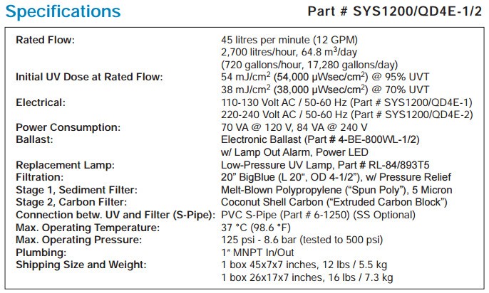 Wyckomar UV-1200 spec chart