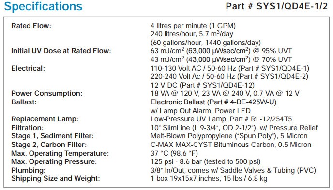 Wyckomar UV-1 specifications