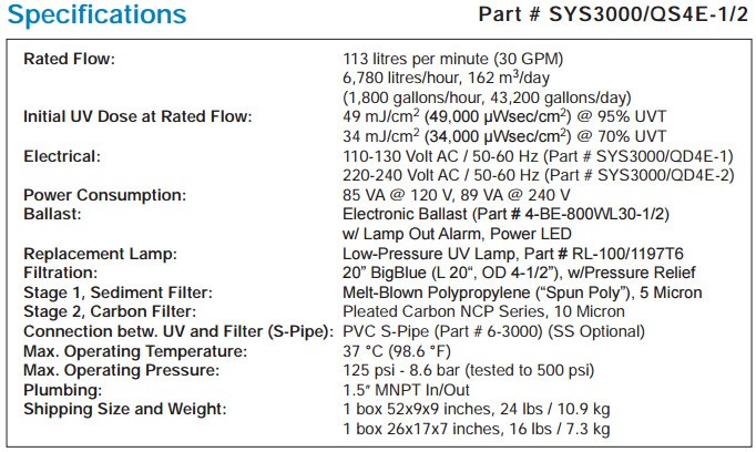 Wyckomar UV-3000 spec chart