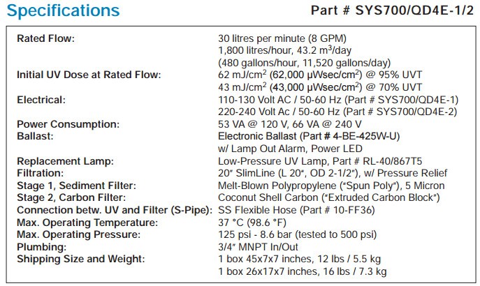 Wyckomar UV-700 Spec Chart